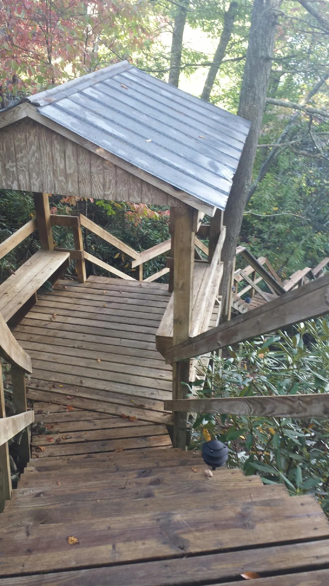 Metal roofed shelter over wooden steps on a wooded walkway — Skylight Repair & Installation work by our crew in Waterloo